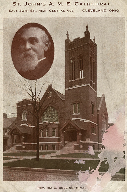 Exterior view of St. John's African Methodist Episcopal (AME) Church with inset that depicts the Reverend Ira A. Collins