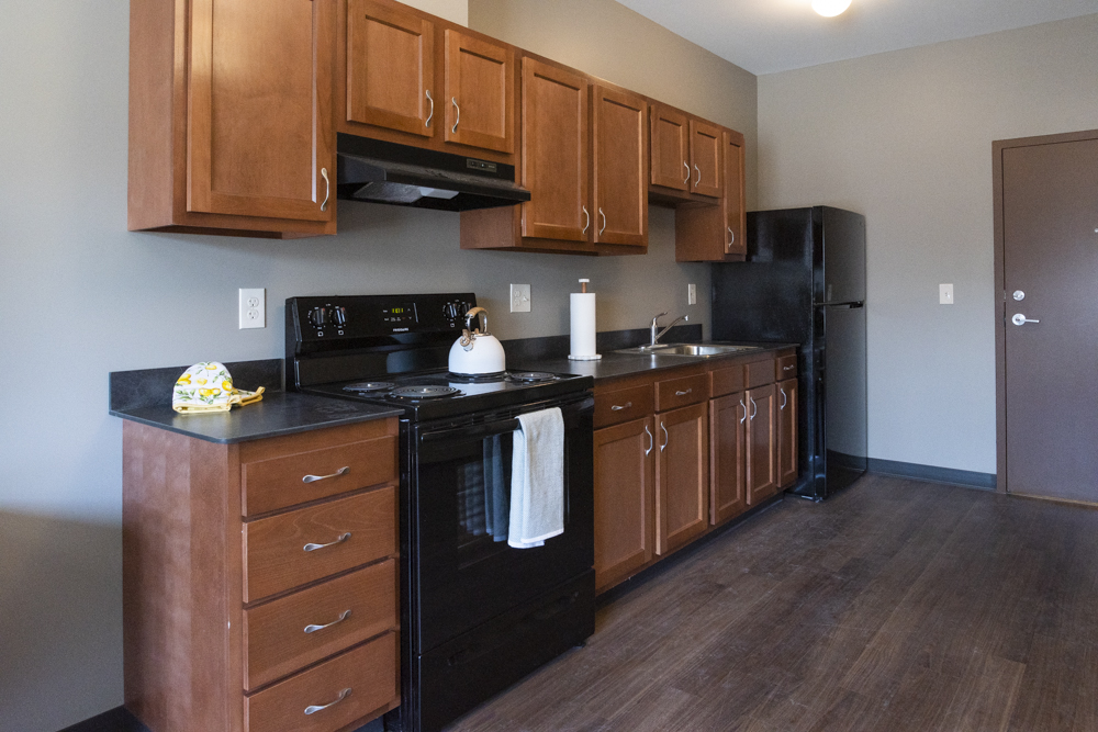 Kitchen area in the new section of The Longfellow apartment complex
