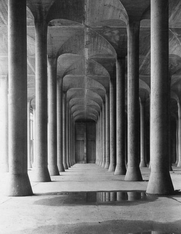Interior View of Baldwin Reservoir's massive columns shows off one of the “halls” formed by the arches and pillars that support the reservoir’s roof