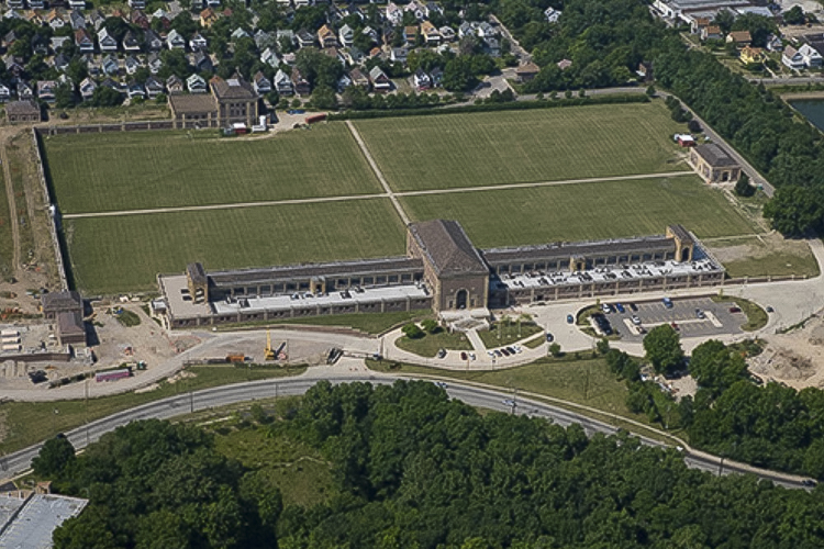 Aerial overhead shot of the Baldwin Filtration plant and reservoir grounds