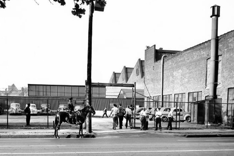 Workers outside of Warner & Swasey Co., ca. 1949