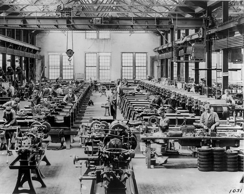 Workers on the shop floor of the Turret Lathe Assembly Department at Warner & Swasey Co., ca. 1912