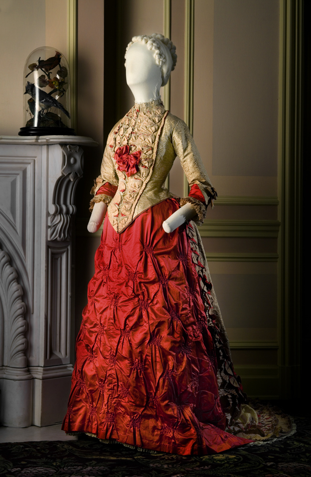 Scarlet and gold silk satin and brocade gown, ca. 1883. Worn by Annie Otis Sanders (1855-1933)