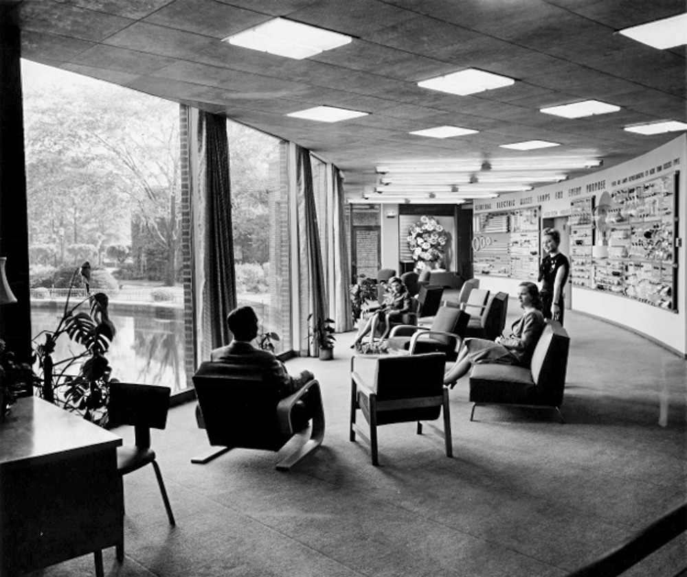 Interior view overlooking the pool at Nela Park, 1963
