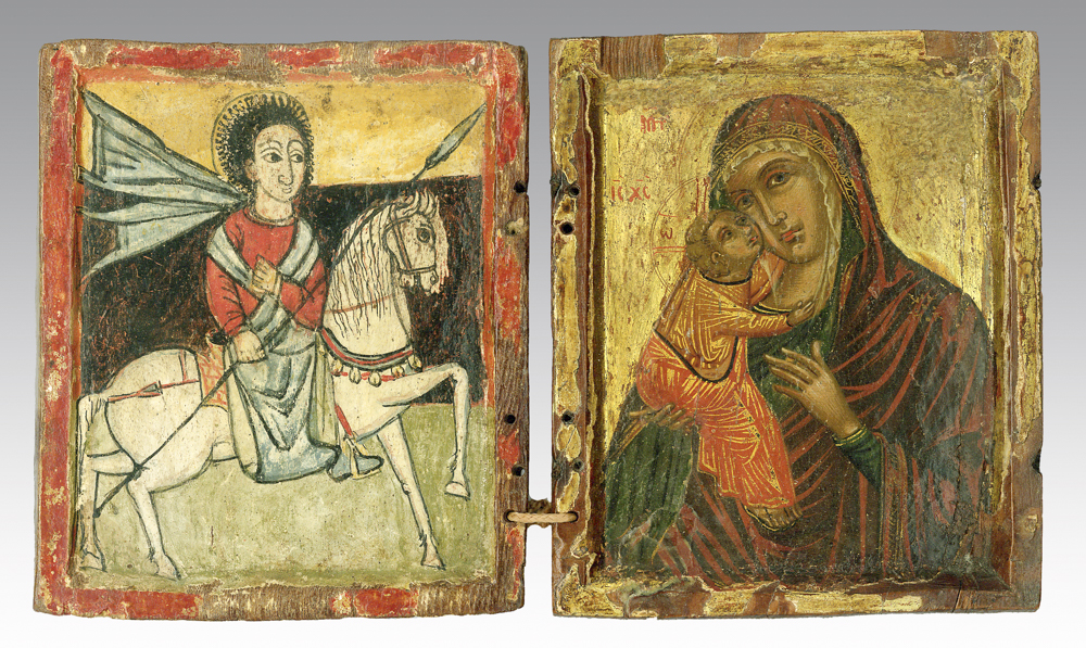 Diptych with Saint George and the Virgin Eleousa , (left) c. 1500; (right) c. 1480 – 90. Unknown painters. Left: Empire of Ethiopia (Ethiopia); right: possibly Kingdom of Candia (Crete, Greece)