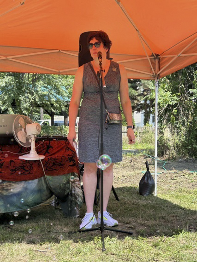 Maria Foschia, LMM President & CEO, delivering welcome remarks at the St. Clair-Superior Pocket Park opening