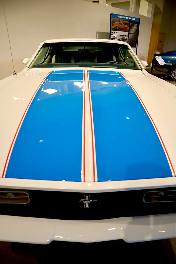 The Mustang has always been available with bold colors and graphics. The patriotic colors on this 1972 Mustang SportsRoof were designed to commemorate U.S. participation in the 1972 Olympics.