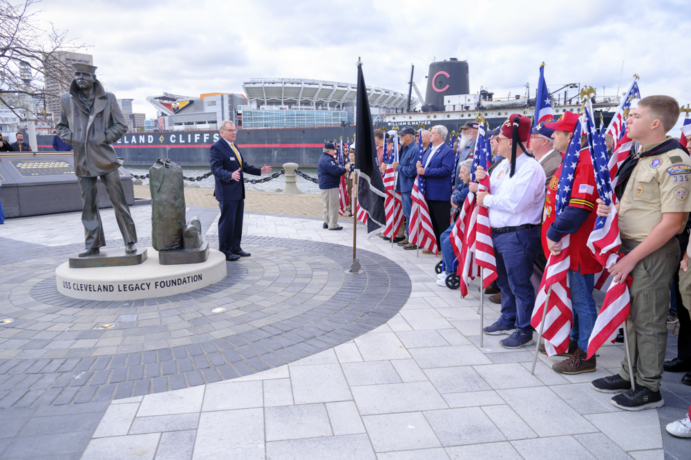 Brigadier General Peter B. Collins, USMC (Ret.); Chief Executive officer, USS Cleveland Legacy Foundation addresses the Veteran Color