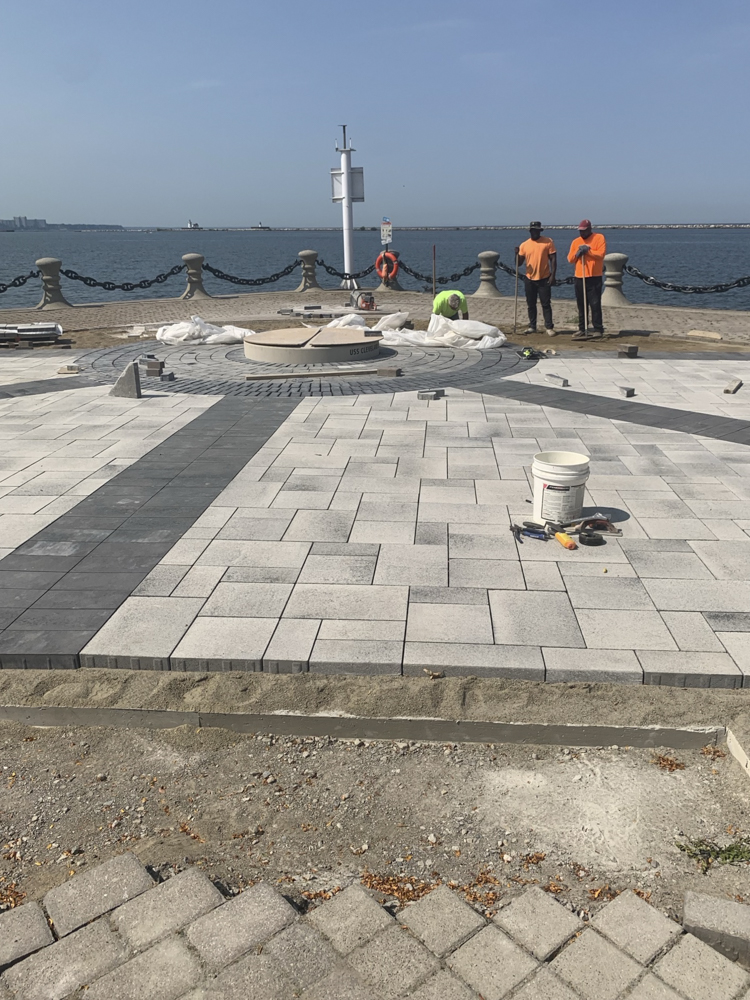 Construction underway of the Lone Sailor Plaza in Voinovich Bicentennial Park