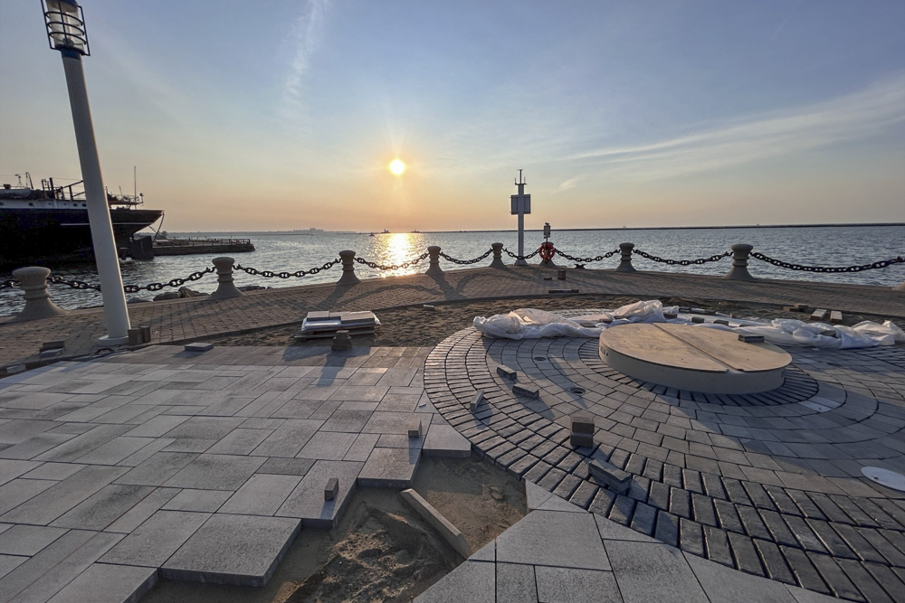 Construction underway of the Lone Sailor Plaza in Voinovich Bicentennial Park