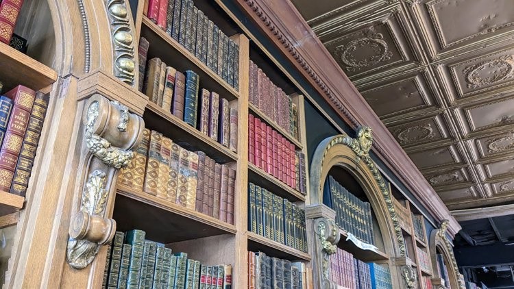 The ornate shelves and ceiling at Loganberry Books