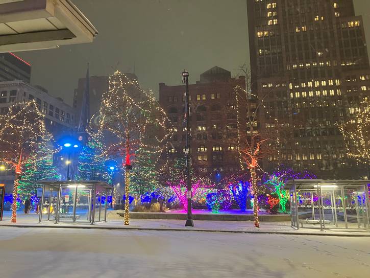 A festive view of Public Square near the Old Stone Church.