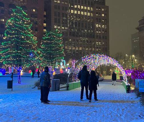 A festive walk in Public Square near the Old Stone Church.