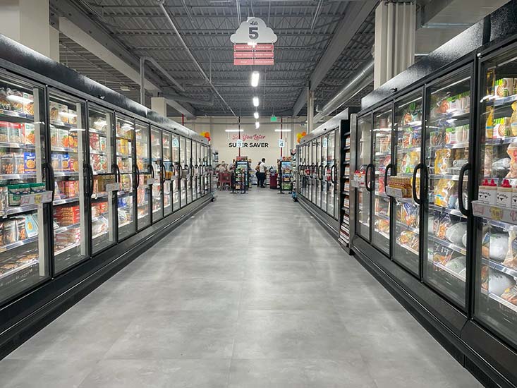The frozen foods aisle at the Cleveland Heights Grocery Outlet