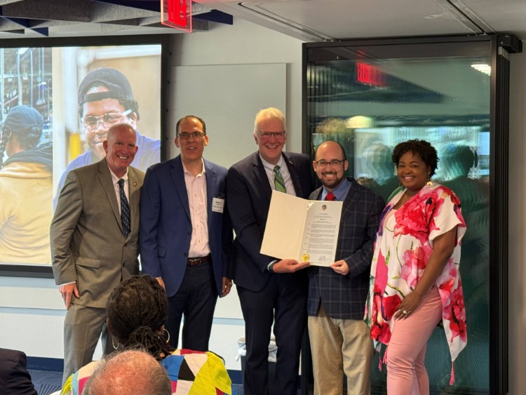Councilman Martin Sweeney, MAGNET Board Chair Stephen Lovass, Cuyahoga County Executive Chris Ronayne, MAGNET President & CEO Ethan Karp, and Councilwoman Stephanie Howse-Jones.