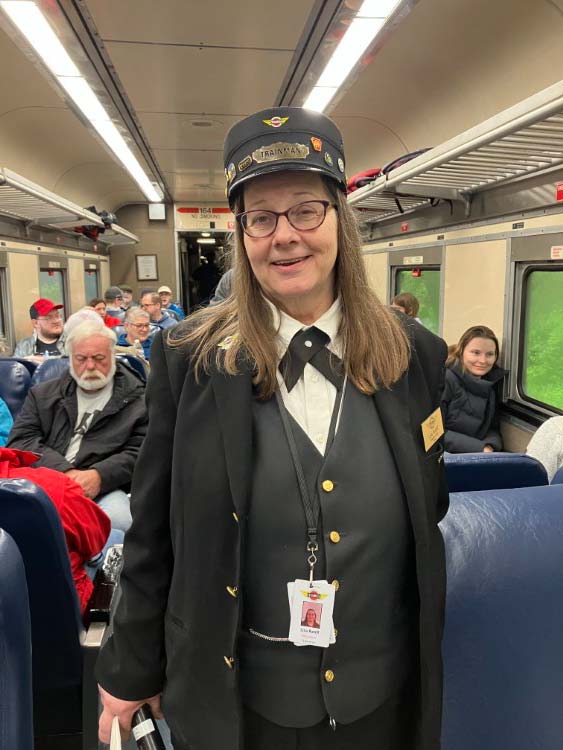 Cuyahoga Scenic Railroad volunteer Lisa Ratliff in the coach car