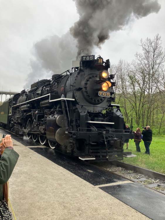 The 1944 Nickel Plate Road Steam Locomotive No. 765 is showcased at the Brecksville Station.