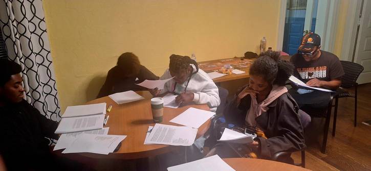 2025 revival ensemble members: Beloved Obeng, left, Milkovich School students Brandon Singleton and Kennedi Hudson next to spoken word artist Raja Belle Freeman, and Karamu House actor Prophet Seay in back.