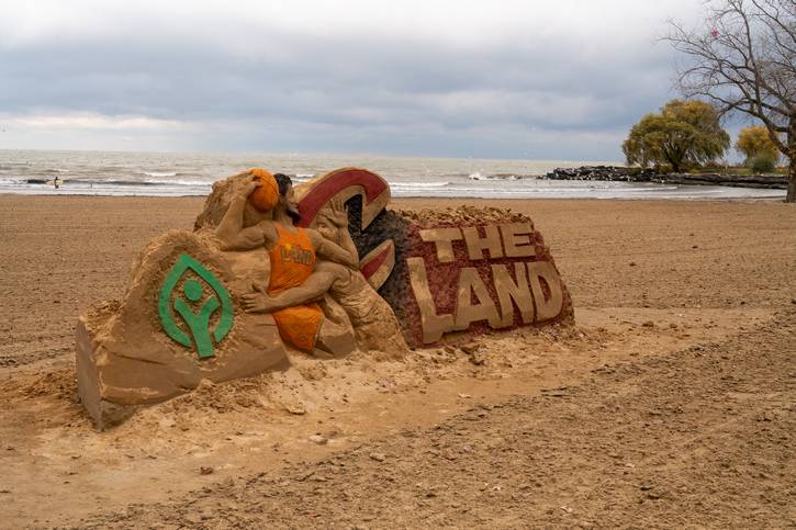 A sandcastle on Edgewater Beach with the autumn colors found in the Cavs' City Edition uniforms.