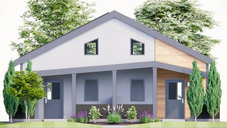 Front view rendering of the four-unity solar house prototype in the St. Clair-Superior neighborhood.