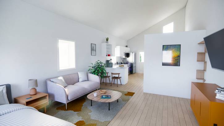 Living room in one of the efficiencies in Lutheran Metropolitan Ministry's solar house protype.