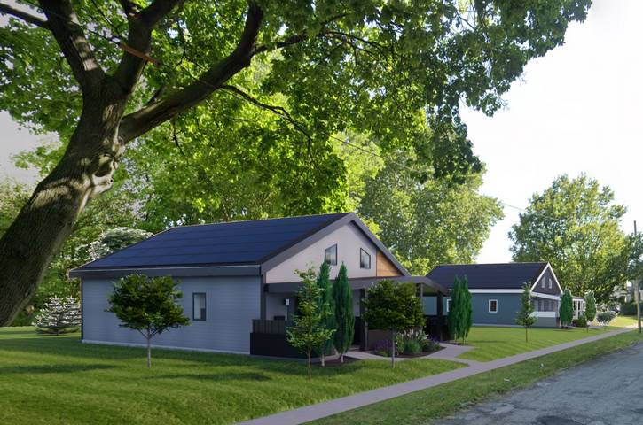 West view rendering of the four-unity solar house prototype.