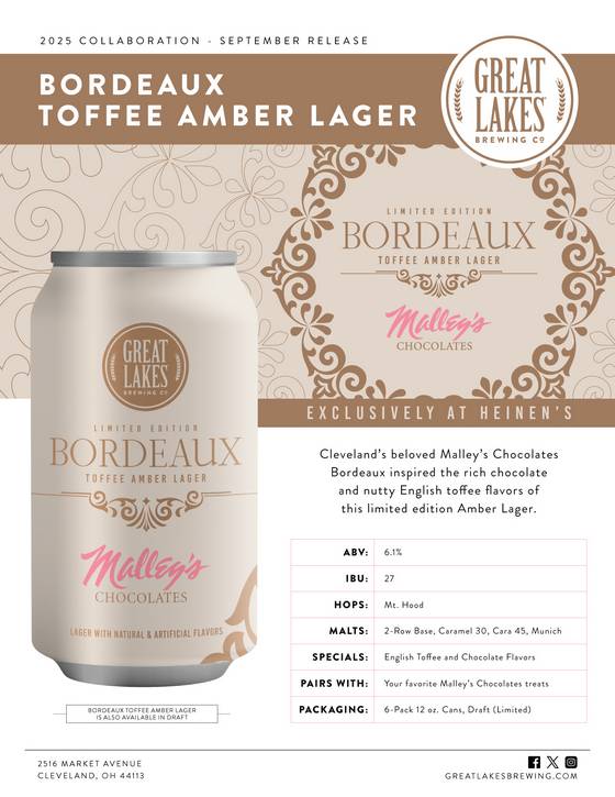Cleveland’s beloved Malley’s Chocolates Bordeaux inspired the rich chocolate and nutty English toffee flavors of this limited edition Toffee Amber Lager.