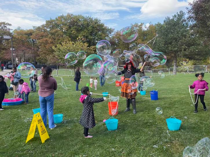 The bubble performer drew a large group.