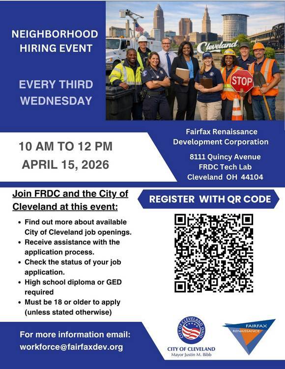 The City of Cleveland will host a hiring event at FRDC on Wednesday, April 15.