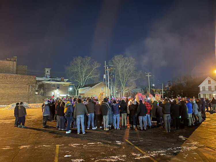 The crowd summons the Kurenti to come chase away winter.