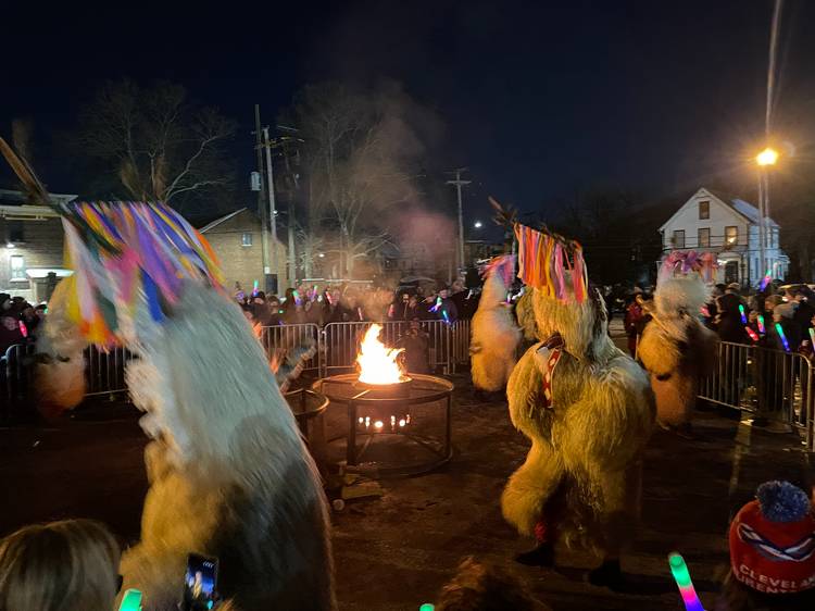 The Kurenti awake and arrive at the bonfire to chase away winter and usher in spring.