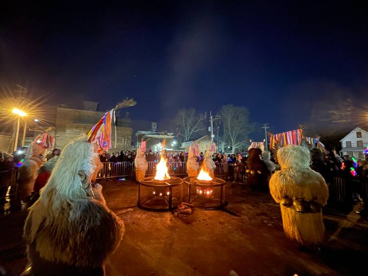The Kurenti awake and arrive at the bonfire to chase away winter and usher in spring.