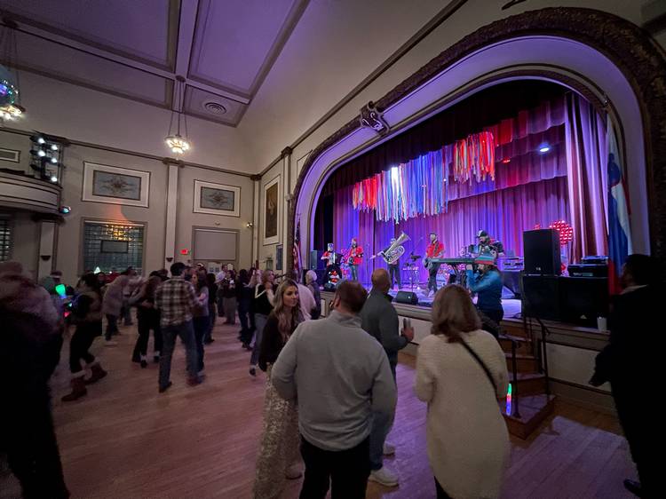 Dancing to the Chardon Polka Band at the 2026 Kurent Jump.