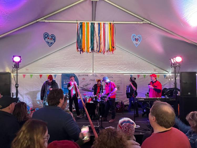 The Chardon Polka Band, featuring the 12-foot Swiss Alphorn, performs on the Outdoor Stage at Slovenian National Hall.