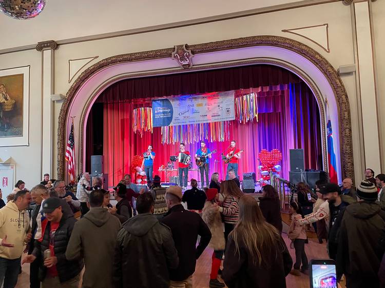 Fešta Bend took the stage in the Slovenian National Home's main hall during the Kurentovanje festival.