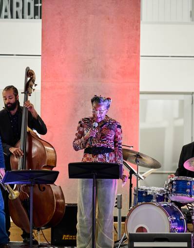 Bassist Jordan McBride with storyteller Linda Butts