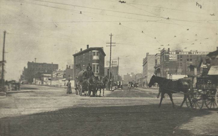The intersection at Erie, Huron, and Prospect, Looking west, one year before the Rose Building construction began.