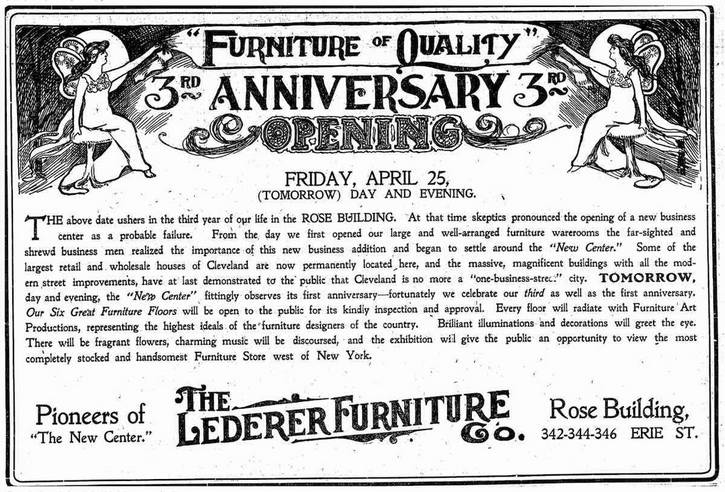 An ad for Lederer Furniture, which  moved to the Rose Building from Woodland Avenue and occupied the first five floors with the "best selection of furniture "west of New York."