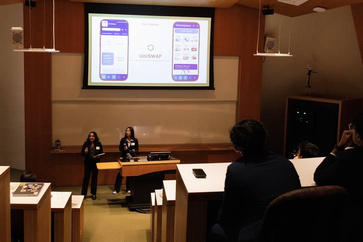 Suneha Selke and Suong Tran pitch at the Venture4Impact pitch competition.