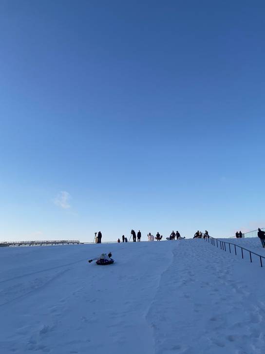 Downtown Cleveland Inc.'s first 2026 Snow Day Pop-Up snowboarding at Mall B.