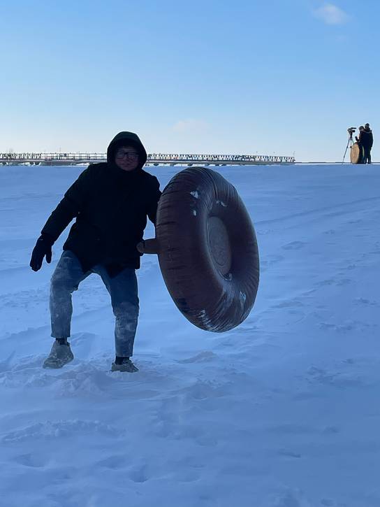 Downtown Cleveland Inc.'s first 2026 Snow Day Pop-Up snowboarding at Mall B.