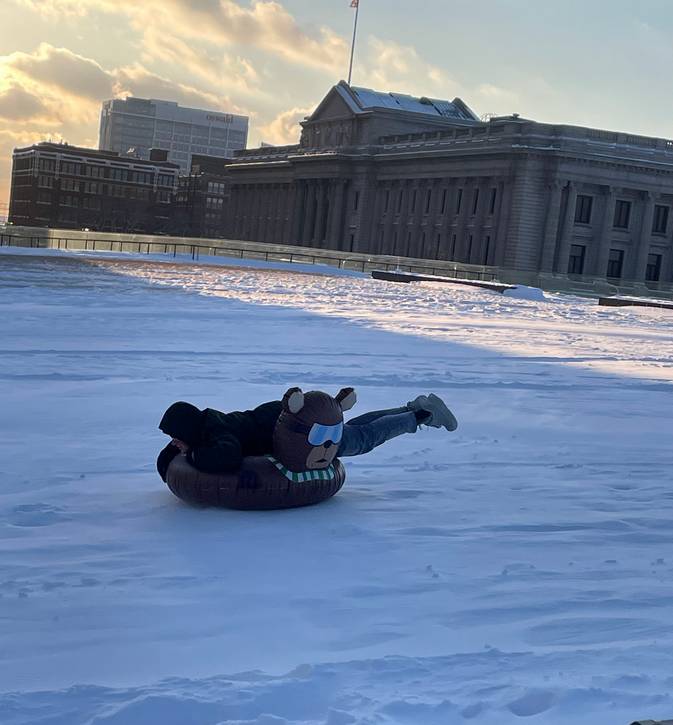 Downtown Cleveland Inc.'s first 2026 Snow Day Pop-Up snowboarding at Mall B.