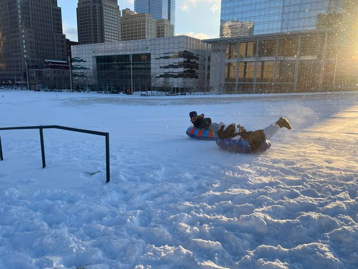 Downtown Cleveland Inc.'s first 2026 Snow Day Pop-Up snowboarding at Mall B.