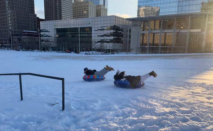 Downtown Cleveland Inc.'s first 2026 Snow Day Pop-Up snowboarding at Mall B.