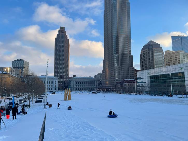 Downtown Cleveland Inc.'s first 2026 Snow Day Pop-Up snowboarding at Mall B.