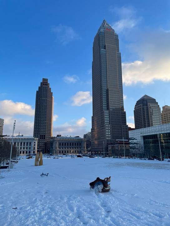 A great view of the city during Downtown Cleveland Inc.'s first 2026 snowboarding at Mall B.