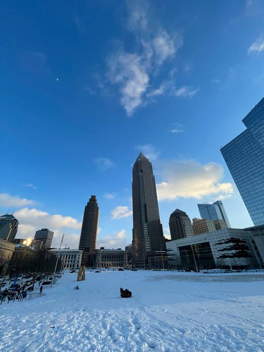 A great view of the city during Downtown Cleveland Inc.'s first 2026 snowboarding at Mall B.