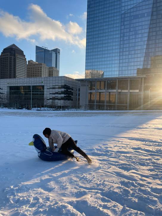 It was frigid, but sunny, during Downtown Cleveland Inc.'s first 2026 snowboarding at Mall B.