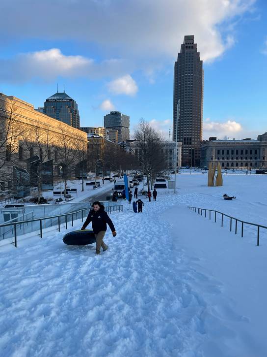 A great view of the city during Downtown Cleveland Inc.'s first 2026 snowboarding at Mall B.