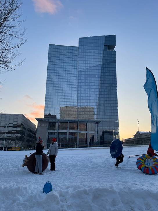 Downtown Cleveland Inc.'s first 2026 Snow Day Pop-Up snowboarding at Mall B.